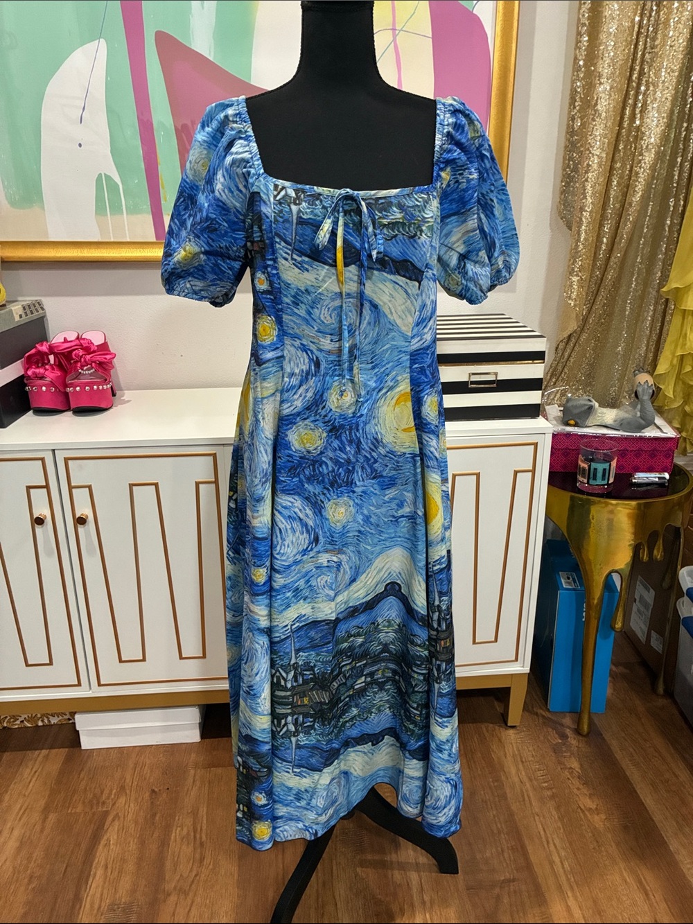 Blue Starry Night Print Puff-Sleeve Maxi Dress